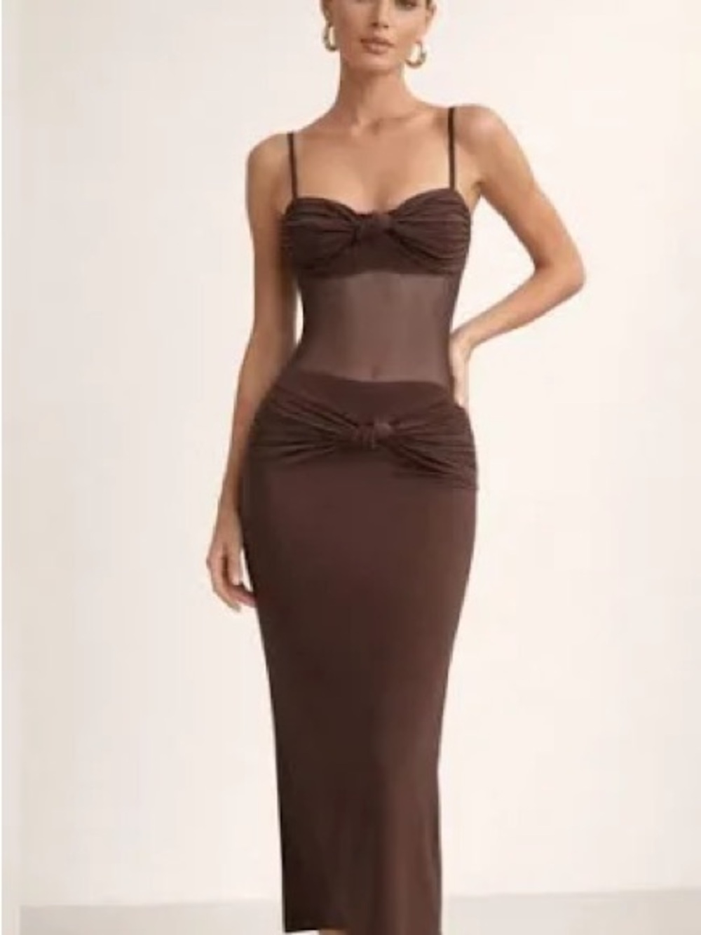 Commense Brown Sheer Bodice Maxi  Dress